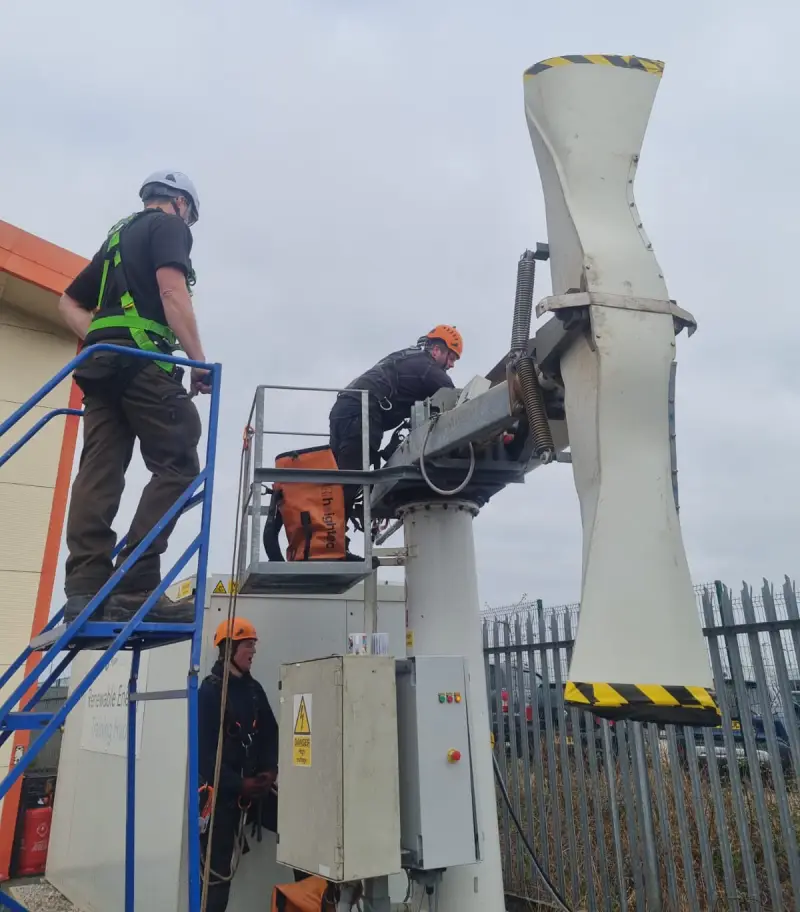 Wind turbine technician undergoes maintenance training, March 2025